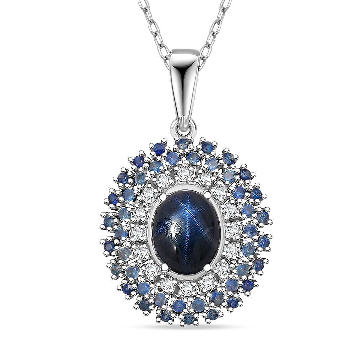 Doorbuster D'Joy Premium Blue Star Sapphire (DF) and Multi Gemstone 4.00 ctw Celestial Crown Pendant Necklace in Rhodium Over Sterling Silver 20 Inches image number 0