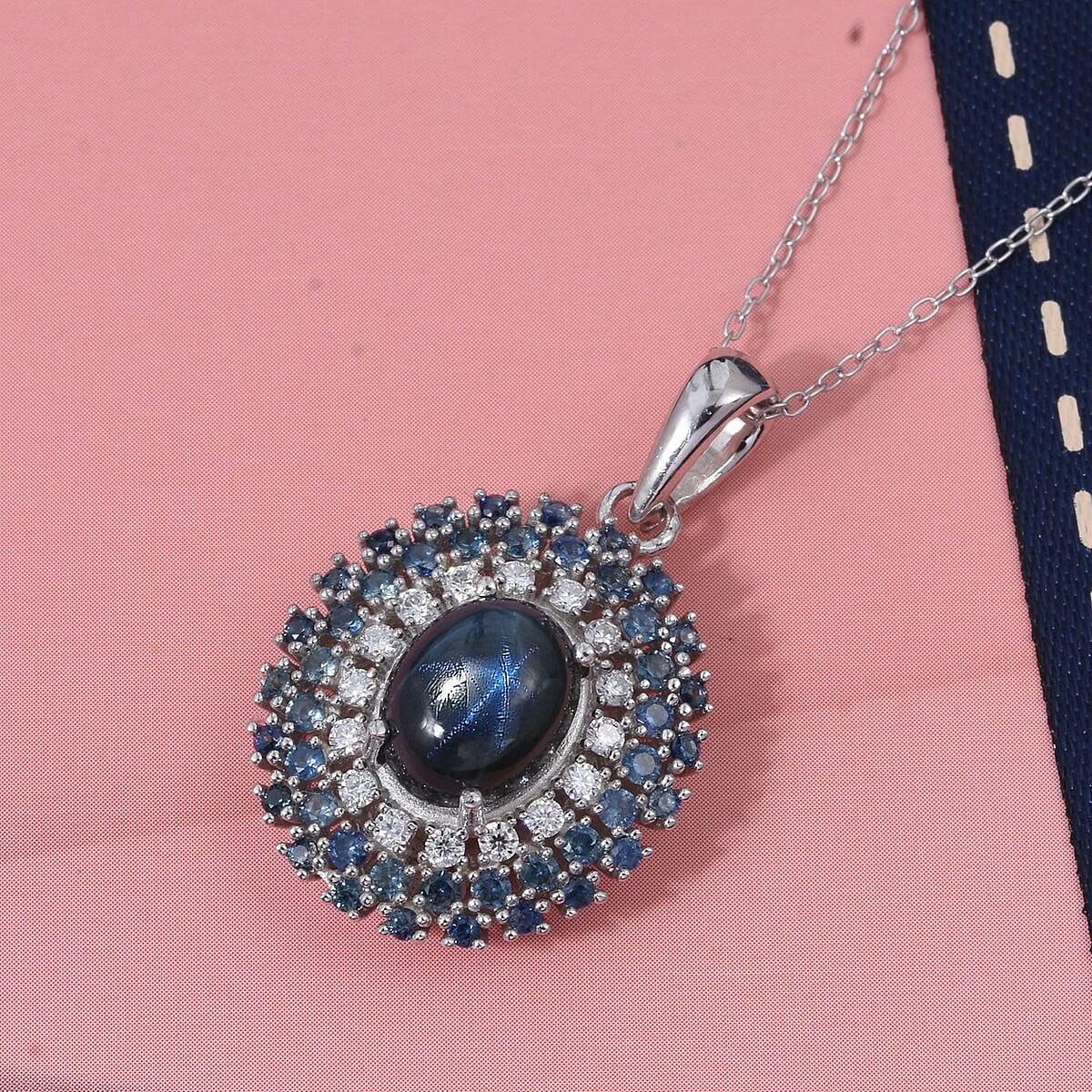 Doorbuster D'Joy Premium Blue Star Sapphire (DF) and Multi Gemstone 4.00 ctw Celestial Crown Pendant Necklace in Rhodium Over Sterling Silver 20 Inches image number 1