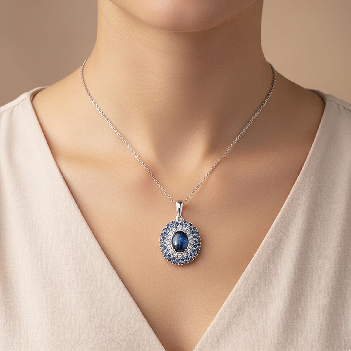 Doorbuster D'Joy Premium Blue Star Sapphire (DF) and Multi Gemstone 4.00 ctw Celestial Crown Pendant Necklace in Rhodium Over Sterling Silver 20 Inches image number 2