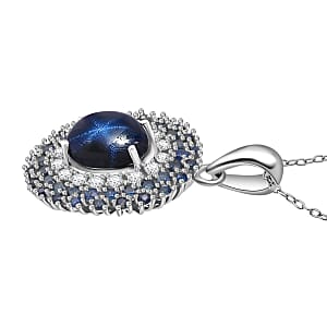 Doorbuster D'Joy Premium Blue Star Sapphire (DF) and Multi Gemstone 4.00 ctw Celestial Crown Pendant Necklace in Rhodium Over Sterling Silver 20 Inches