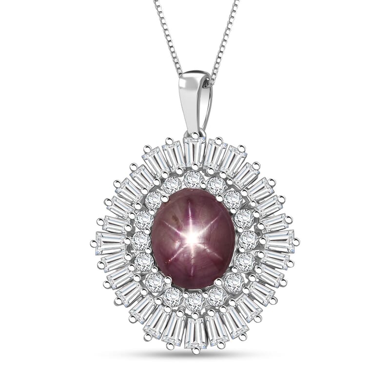 D'Joy Star Ruby, Moissanite Pendant Necklace in Rhodium Over Sterling Silver 9.65 ctw (20 Inches)