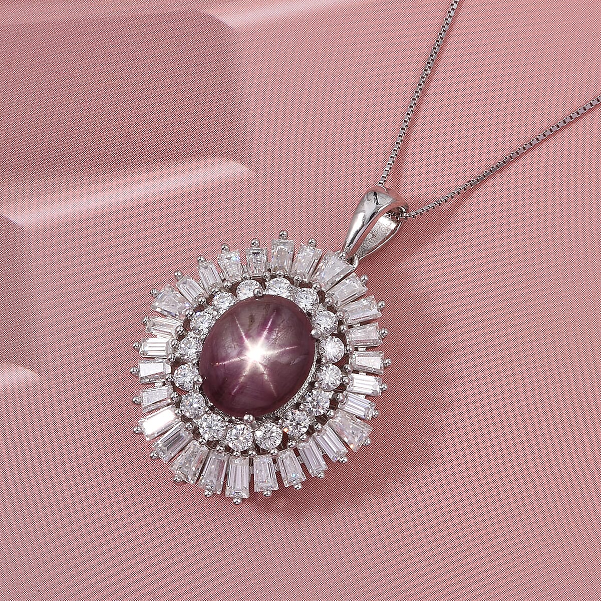 D'Joy Premium Indian Star Ruby and Moissanite 9.65 ctw Flame Crown Pendant Necklace in Rhodium Over Sterling Silver 20 Inches  image number 1