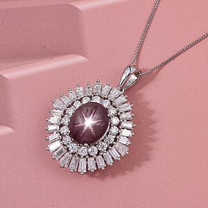 D'Joy Star Ruby, Moissanite Pendant Necklace in Rhodium Over Sterling Silver 9.65 ctw (20 Inches)