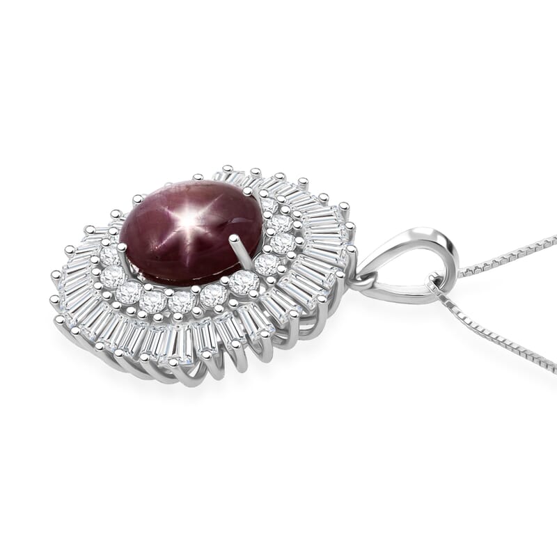 D'Joy Star Ruby, Moissanite Pendant Necklace in Rhodium Over Sterling Silver 9.65 ctw (20 Inches)