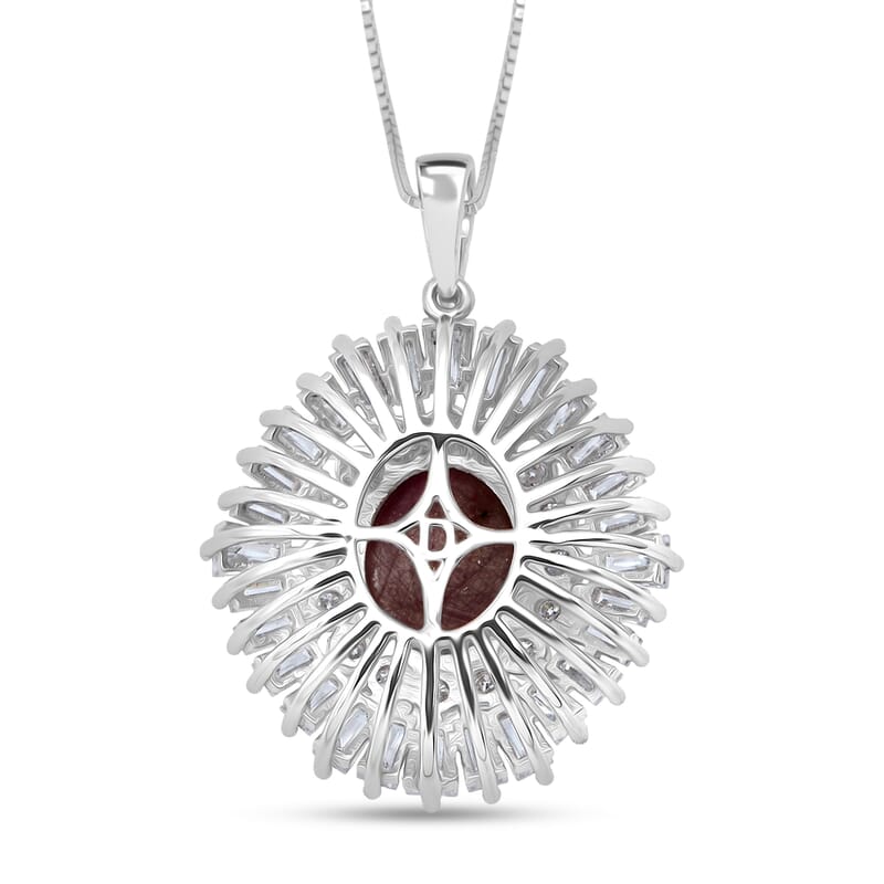 D'Joy Star Ruby, Moissanite Pendant Necklace in Rhodium Over Sterling Silver 9.65 ctw (20 Inches)