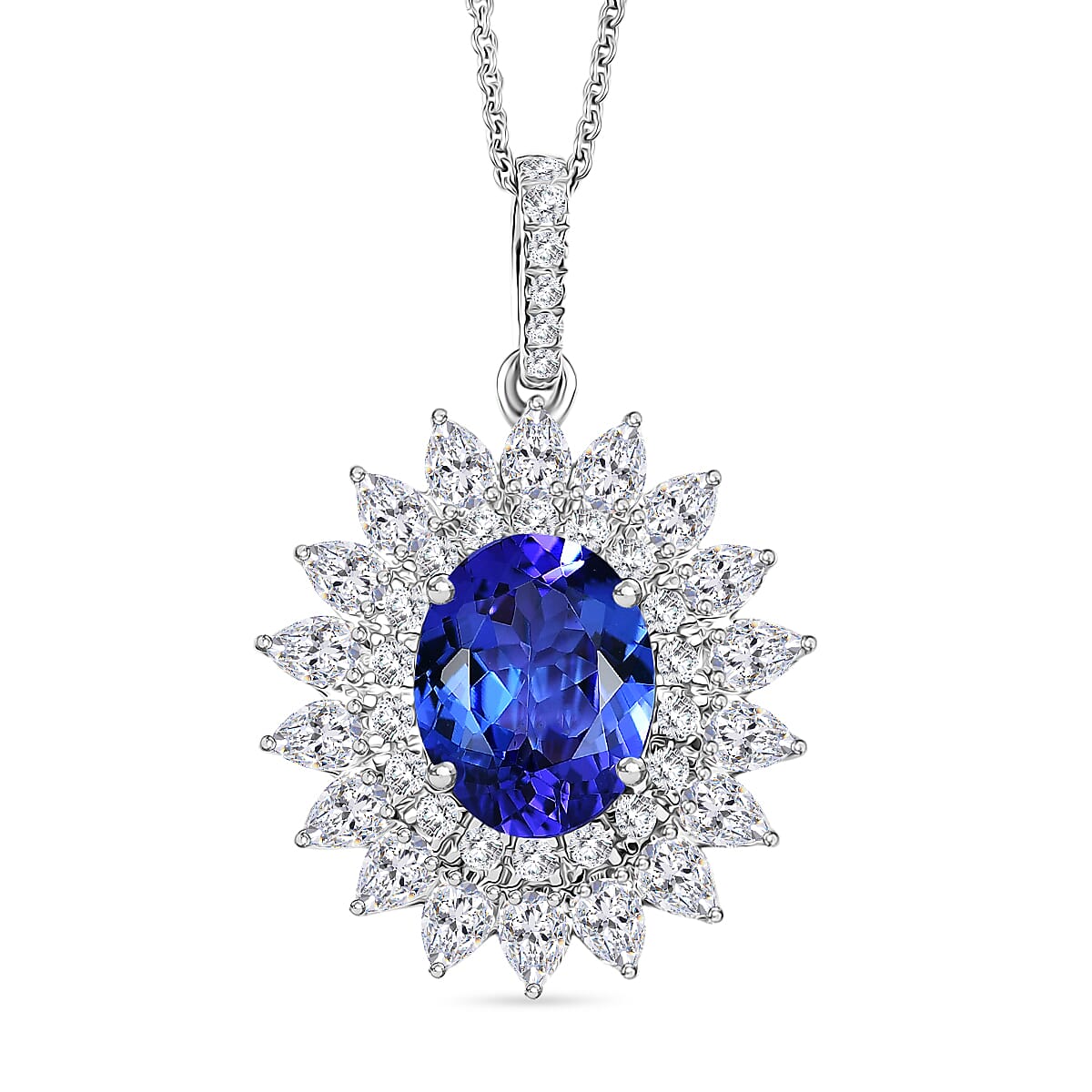 Doorbuster Certified & Appraised AAAA Tanzanite and Luxuriant Diamond E-F VS 6.20 ctw Blooming Floral Pendant Necklace in 950 Platinum 20 Inches 3.85 Grams image number 0