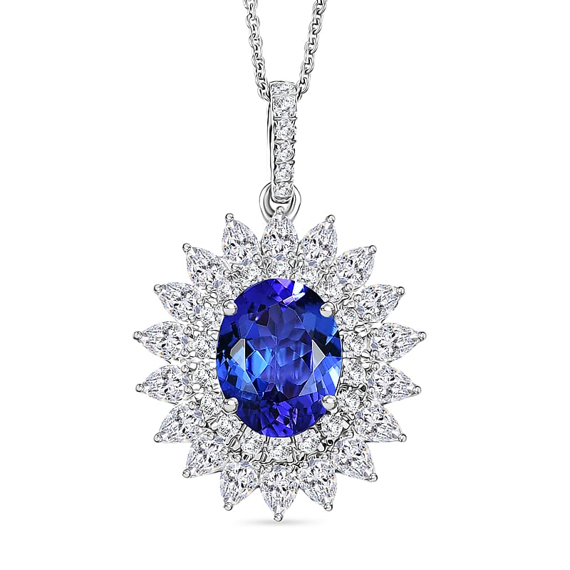 Certified & Appraised AAA Tanzanite and Luxuriant Diamond G-H SI 6.20 ctw Blooming Floral Pendant Necklace in 10K White Gold (20 Inches)