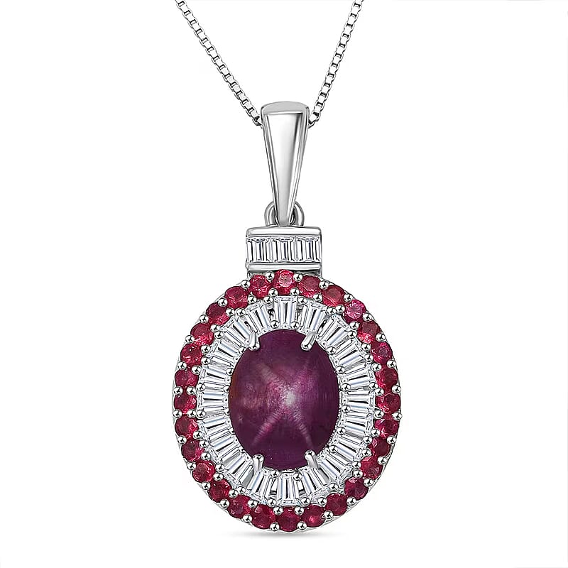 D'Joy  Indian Star Ruby, Multi Gemstone Pendant Necklace in Rhodium Over Sterling Silver 5.50 ctw (20 Inches)