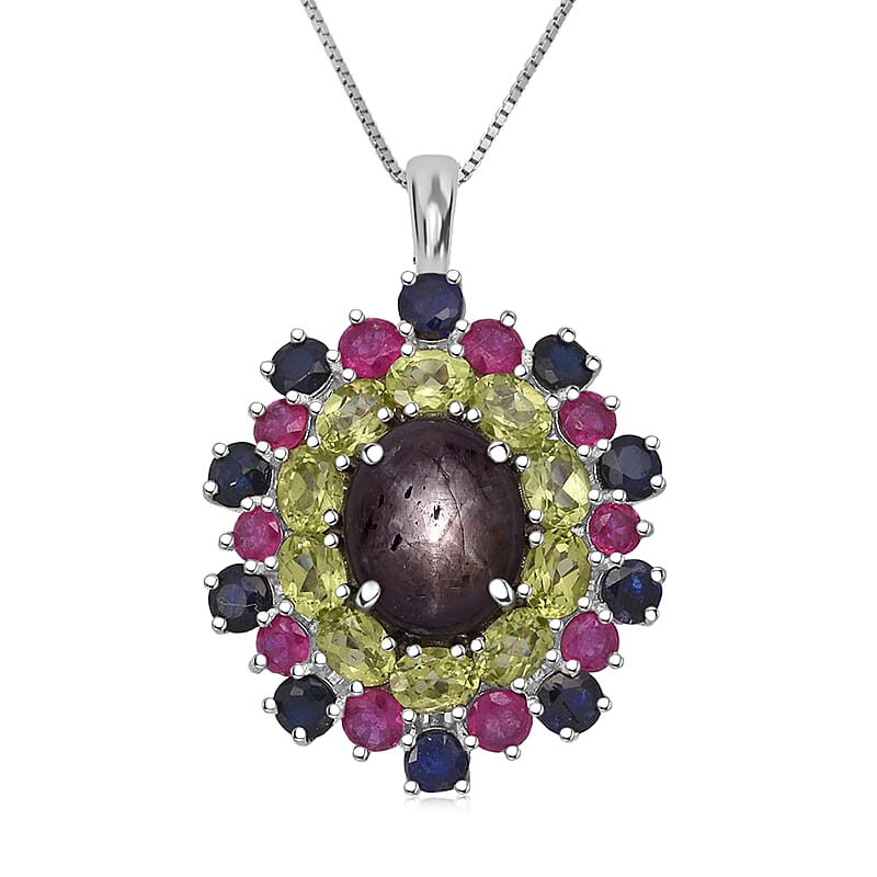 D'Joy Star Ruby, Multi Gemstone Pendant Necklace in Rhodium Over Sterling Silver 10.20 ctw (20 Inches)