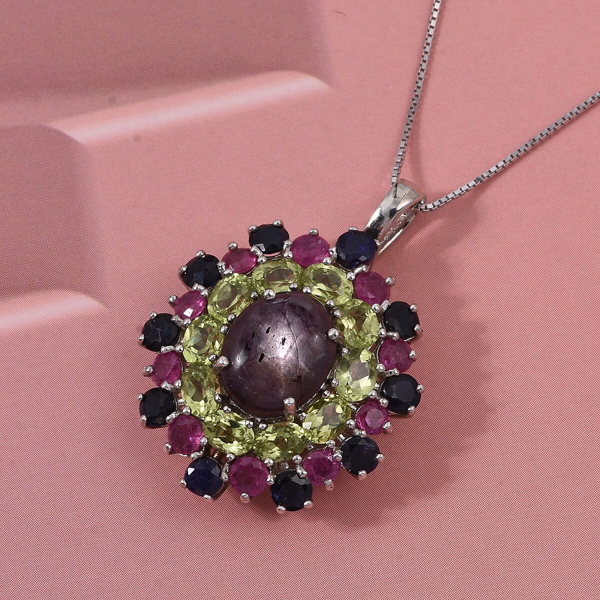 D'Joy Premium Indian Star Ruby and Multi Gemstone 10.20 ctw Galaxy Queen Pendant Necklace in Rhodium Over Sterling Silver 20 Inches image number 1