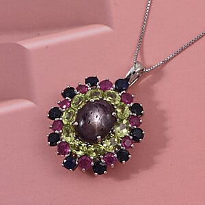 D'Joy Star Ruby, Multi Gemstone Pendant Necklace in Rhodium Over Sterling Silver 10.20 ctw (20 Inches)