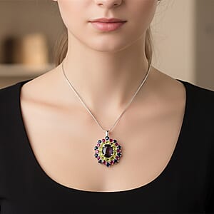 D'Joy Star Ruby, Multi Gemstone Pendant Necklace in Rhodium Over Sterling Silver 10.20 ctw (20 Inches)