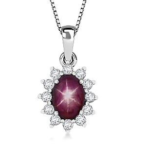 D'Joy Premium Indian Star Ruby and White Zircon 2.00 ctw Starlit Blossom Pendant Necklace in Rhodium Over Sterling Silver 20 Inches 