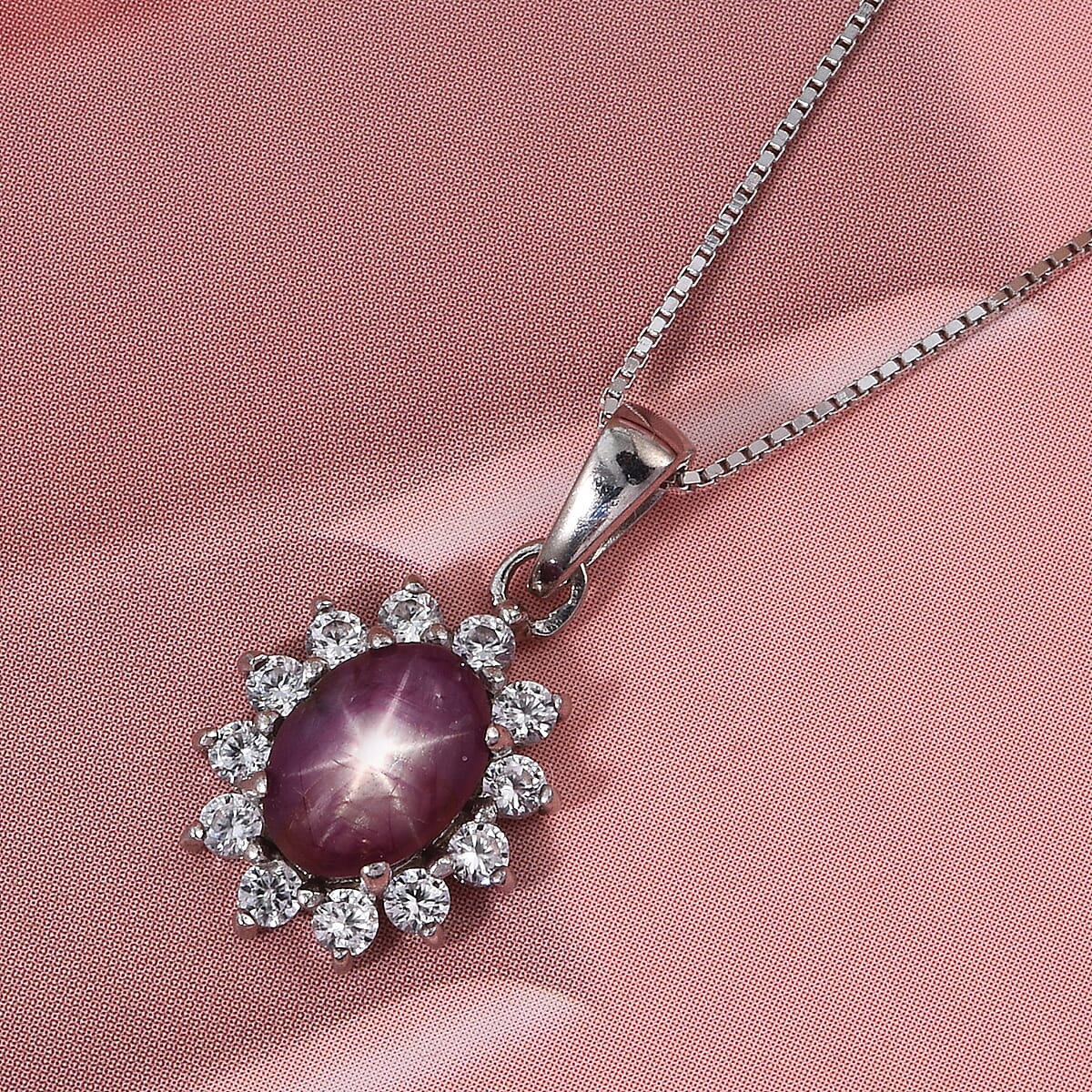D'Joy Premium Indian Star Ruby and White Zircon 2.00 ctw Starlit Blossom Pendant Necklace in Rhodium Over Sterling Silver 20 Inches  image number 1