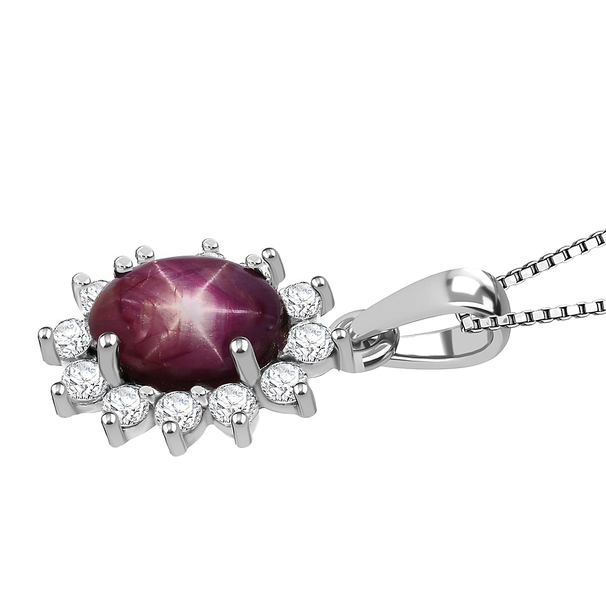 D'Joy Premium Indian Star Ruby and White Zircon 2.00 ctw Starlit Blossom Pendant Necklace in Rhodium Over Sterling Silver 20 Inches  image number 3
