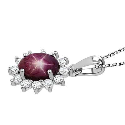 D'Joy Star Ruby, White Zircon Pendant Necklace in Rhodium Over Sterling Silver 2.00 ctw (20 Inches)