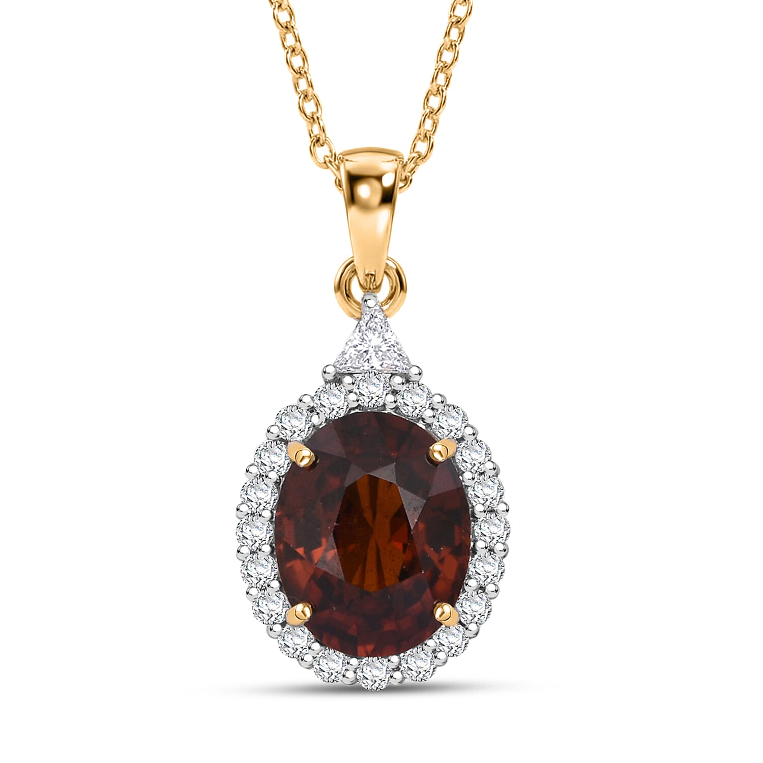 AAA Red Zircon and Luxuriant Lab Grown Diamond E-F VS 4.50 ctw Crownfire Pendant Necklace in 10K Yellow Gold 18 Inches