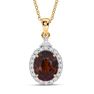 AAA Red Zircon and Luxuriant Lab Grown Diamond E-F VS 4.50 ctw Crownfire Pendant Necklace in 10K Yellow Gold 18 Inches