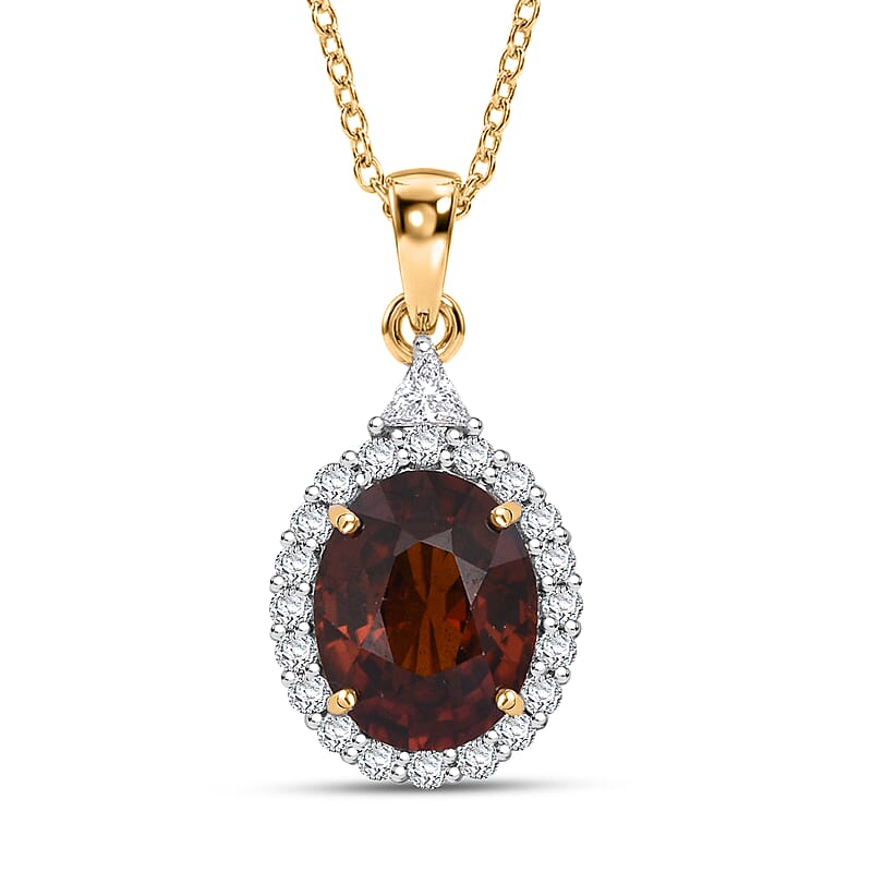 AAA Red Zircon and Luxuriant Lab Grown Diamond E-F VS 4.50 ctw Crownfire Pendant Necklace in 10K Yellow Gold 18 Inches