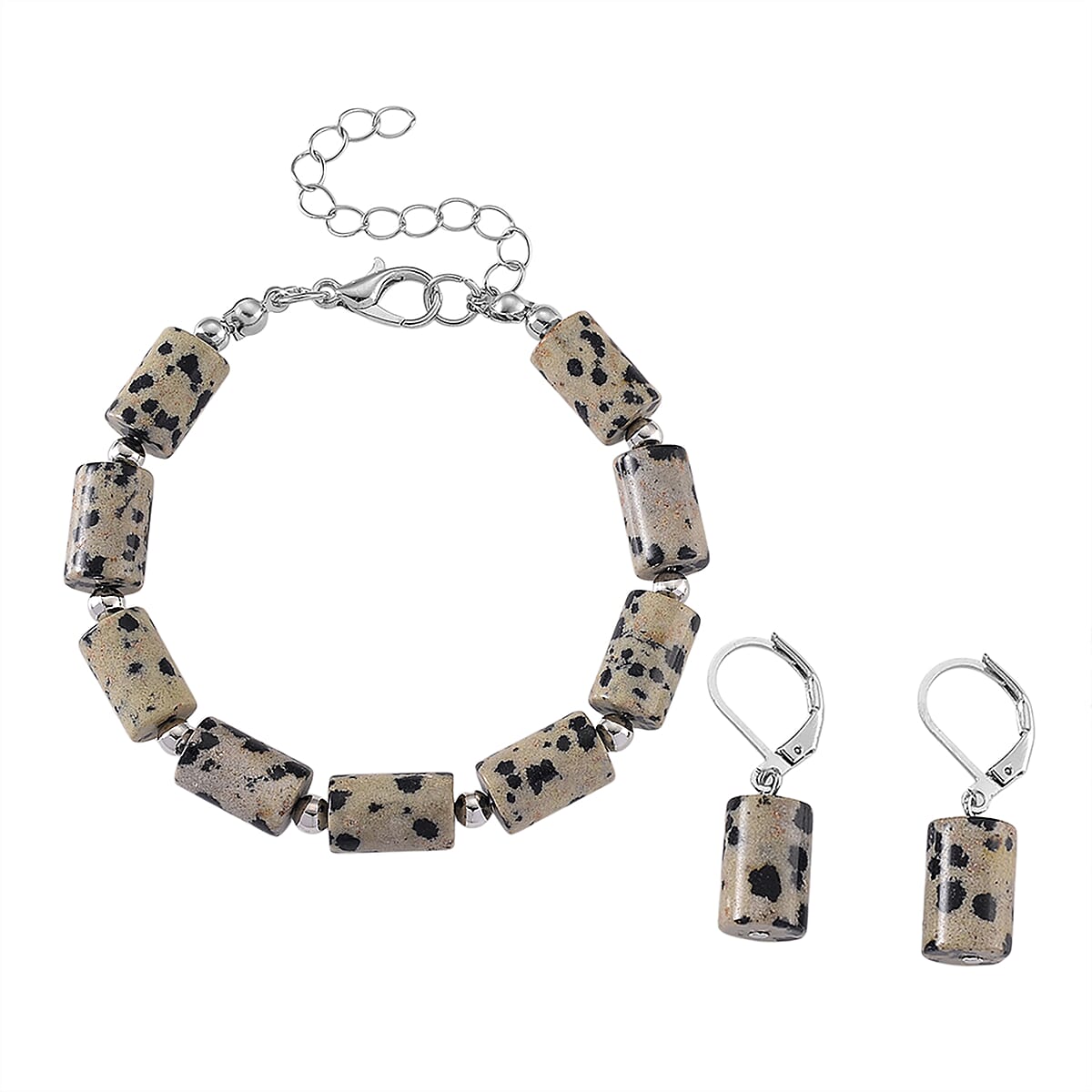 Dalmation Jasper 136.40 ctw Bracelet (7.00-9.00In) and Lever Back Earrings in Silvertone image number 0