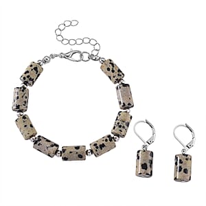 Dalmation Jasper 136.40 ctw Bracelet (7.00-9.00In) and Lever Back Earrings in Silvertone