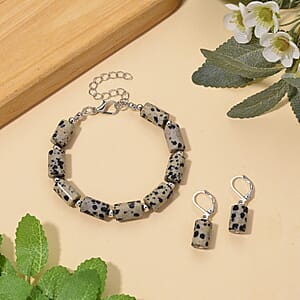 Dalmation Jasper 136.40 ctw Bracelet (7.00-9.00In) and Lever Back Earrings in Silvertone