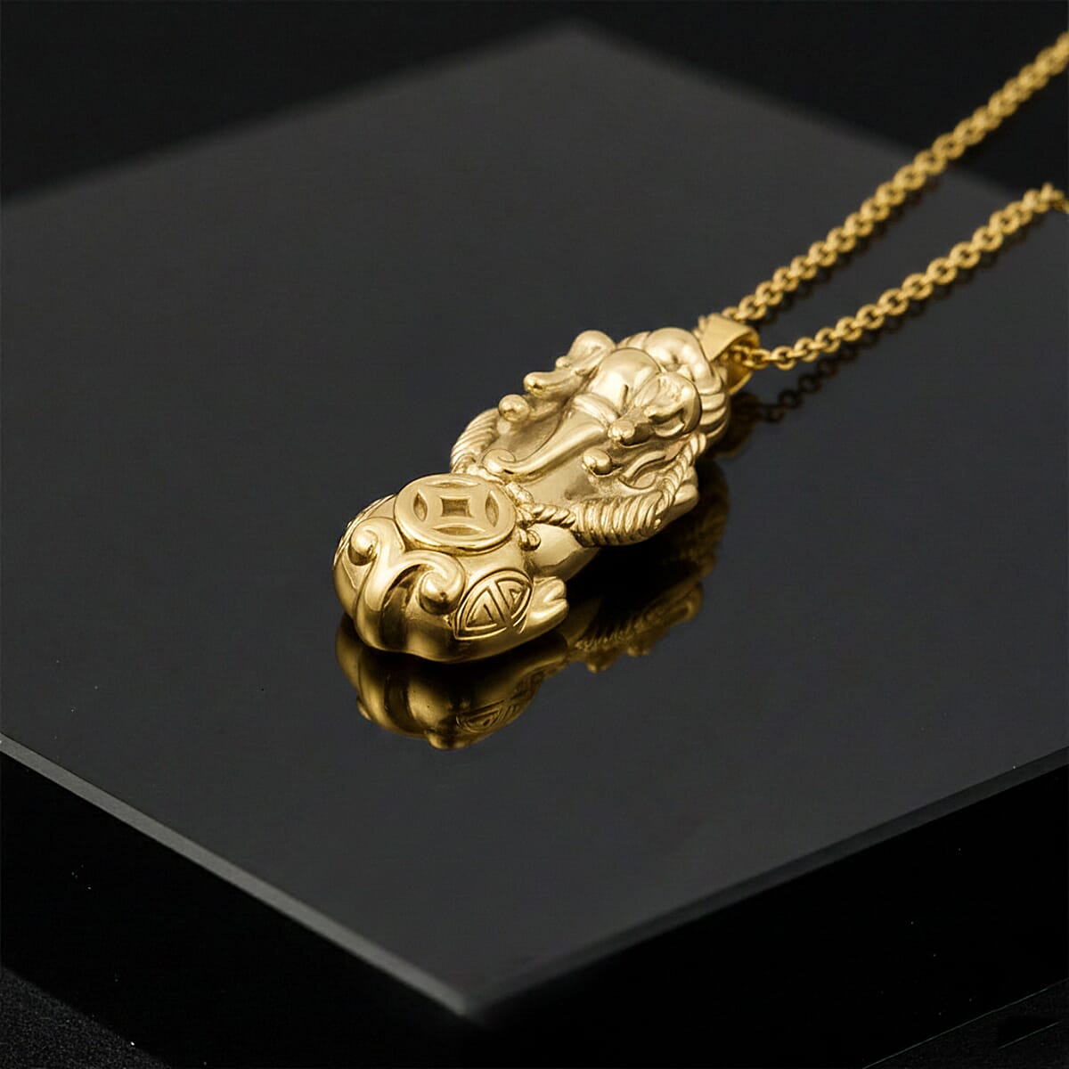 18K YG Plated 999 Fine Silver Pixiu Pendant with Stainless Steel Necklace (20 Inches) image number 1