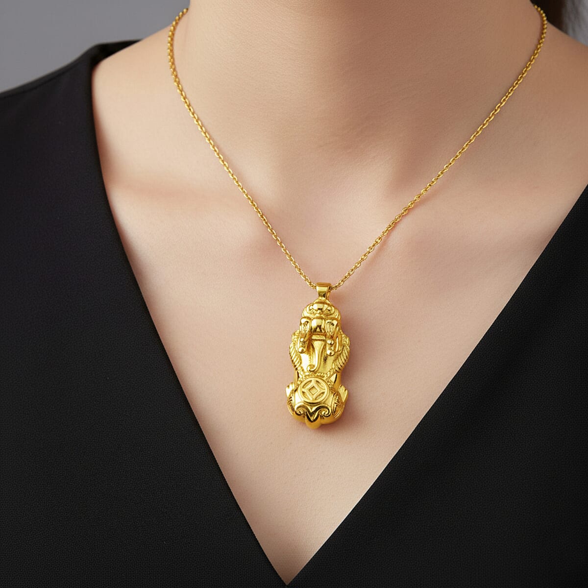 18K YG Plated 999 Fine Silver Pixiu Pendant with Stainless Steel Necklace (20 Inches) image number 2