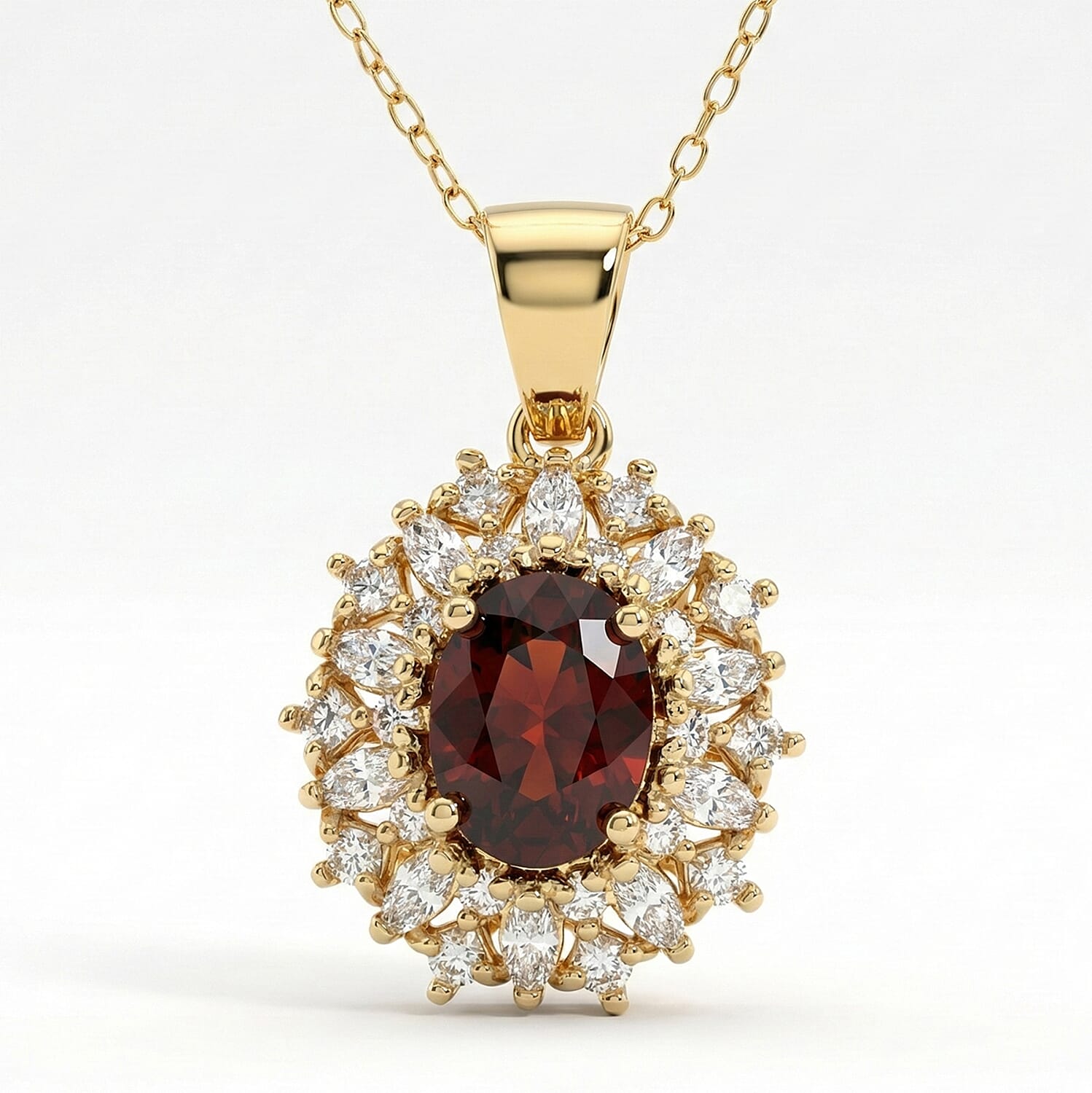 D'Joy Premium Red Zircon and Moissanite 2.75 ctw Flameburst Pendant Necklace in 18K Vermeil Yellow Gold Over Sterling Silver 20