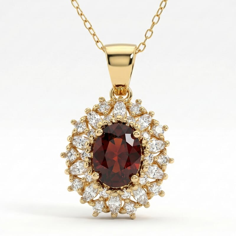 D'Joy Premium Red Zircon and Moissanite 2.75 ctw Flameburst Pendant Necklace in 18K Vermeil Yellow Gold Over Sterling Silver 20 Inches