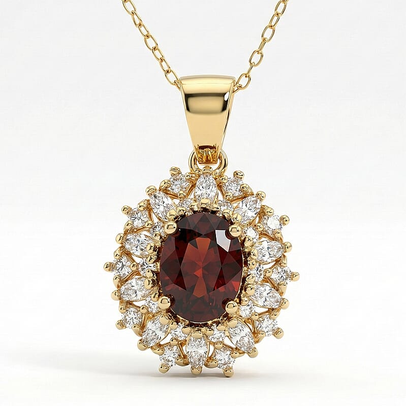 D'Joy Premium Red Zircon and Moissanite 2.75 ctw Flameburst Pendant Necklace in 18K Vermeil Yellow Gold Over Sterling Silver 20 Inches