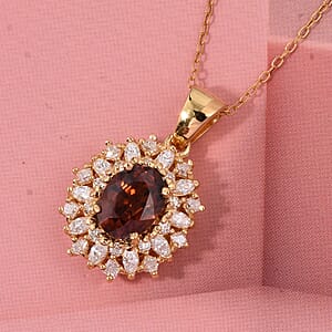 D'Joy Premium Red Zircon and Moissanite 2.75 ctw Pendant Necklace in 18K Vermeil Yellow Gold Over Sterling Silver 20 Inches 