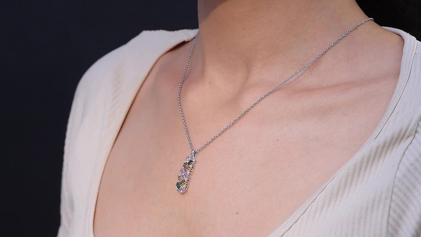 D'Joy Multi-Tourmaline, White Zircon Pendant Necklace in Rhodium Over Sterling Silver 2.10 ctw (20 Inches)