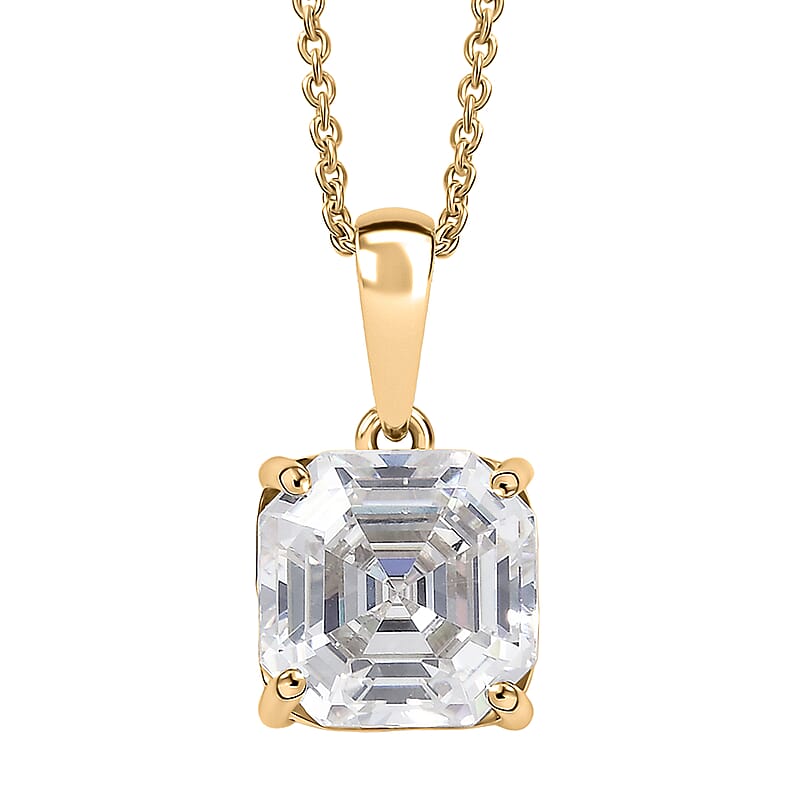 Luxoro Asscher Cut Premium Strontium Titanate 5.40 ctw Classic Solitaire Pendant Necklace 20 Inches in 10K Yellow Gold