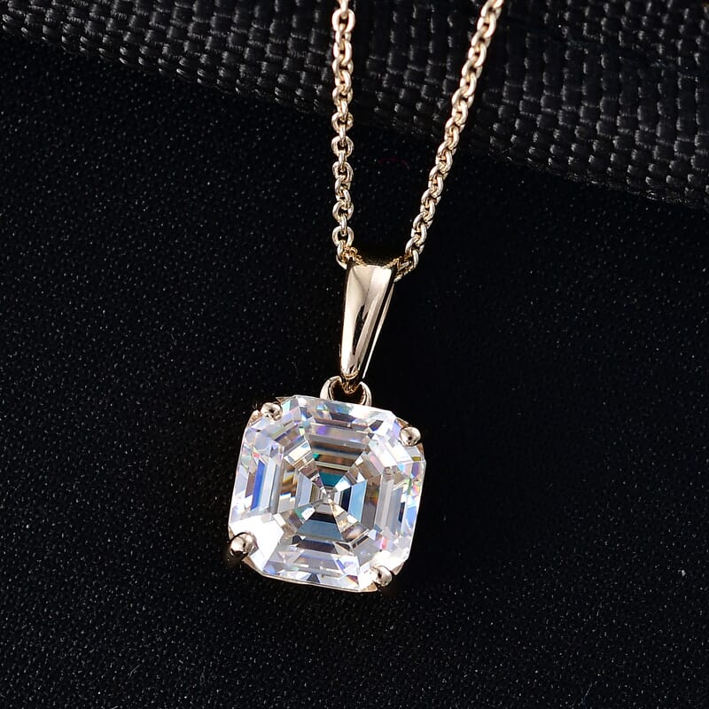 Luxoro Asscher Cut Premium Strontium Titanate 5.40 ctw Classic Solitaire Pendant Necklace 20 Inches in 10K Yellow Gold