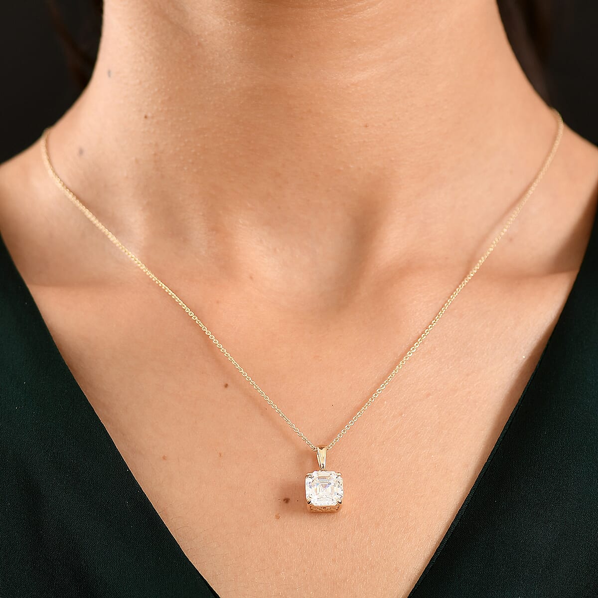 Luxoro Asscher Cut Premium Strontium Titanate 5.40 ctw Classic Solitaire Pendant Necklace 20 Inches in 10K Yellow Gold  image number 2