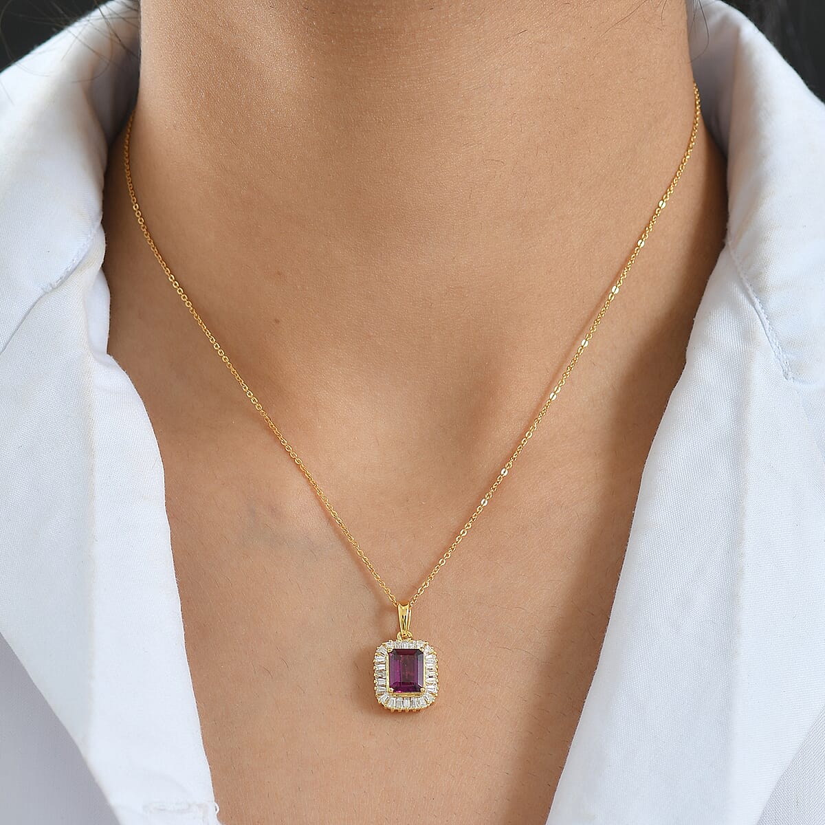 Doorbuster D'Joy AAA Radiant Ember Garnet and Moissanite 2.50 ctw Pendant Necklace in 18K Vermeil Yellow Gold Over Sterling Silver 20 Inches image number 2