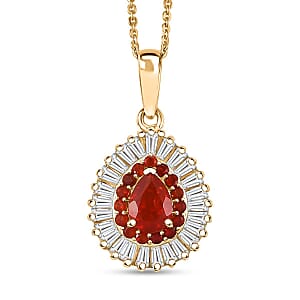 D'Joy Mexican Cherry Fire Opal and Moissanite 1.60 ctw Pendant Necklace in 18K Vermeil Yellow Gold Over Sterling Silver 20 Inches