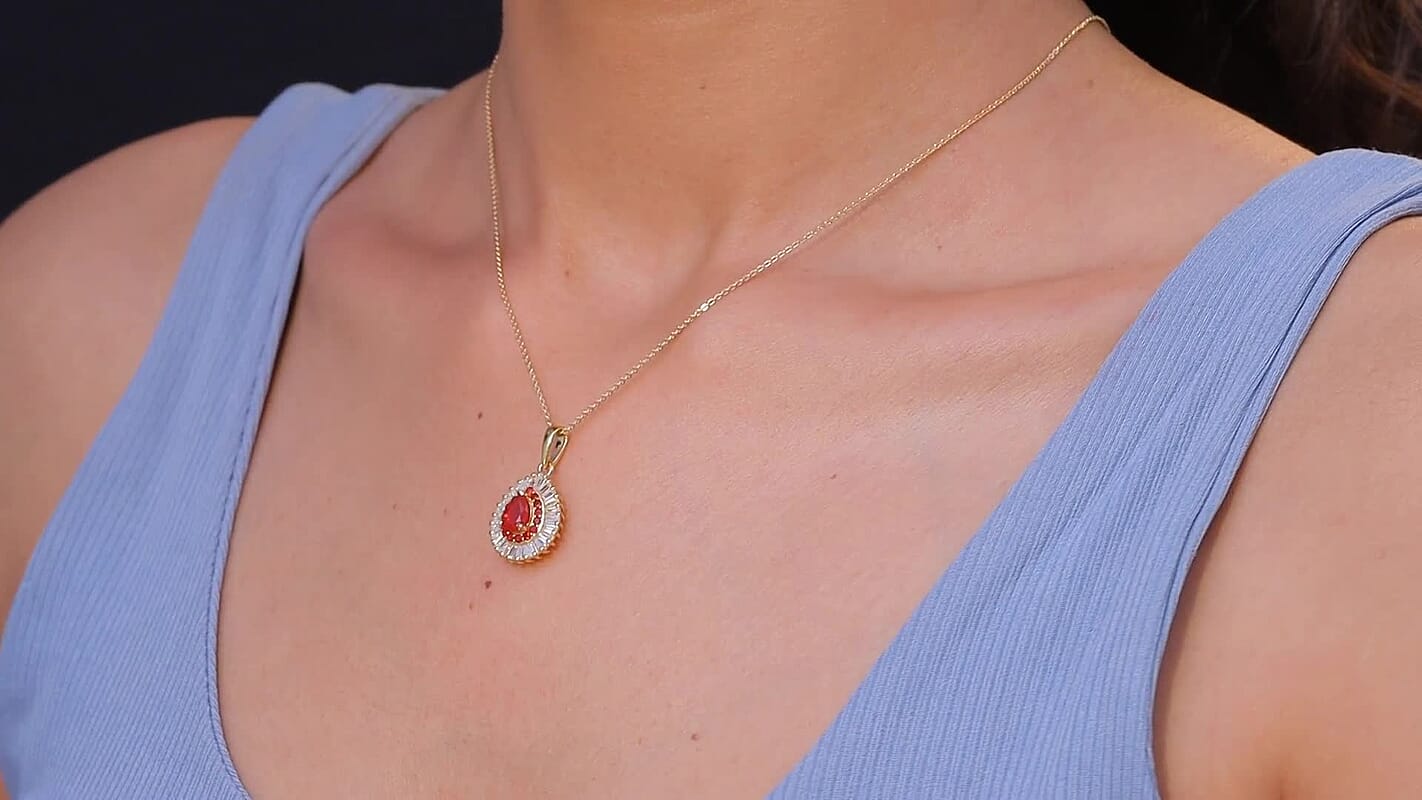 D'Joy Mexican Cherry Fire Opal and Moissanite 1.60 ctw Pendant Necklace in 18K Vermeil Yellow Gold Over Sterling Silver 20 Inches