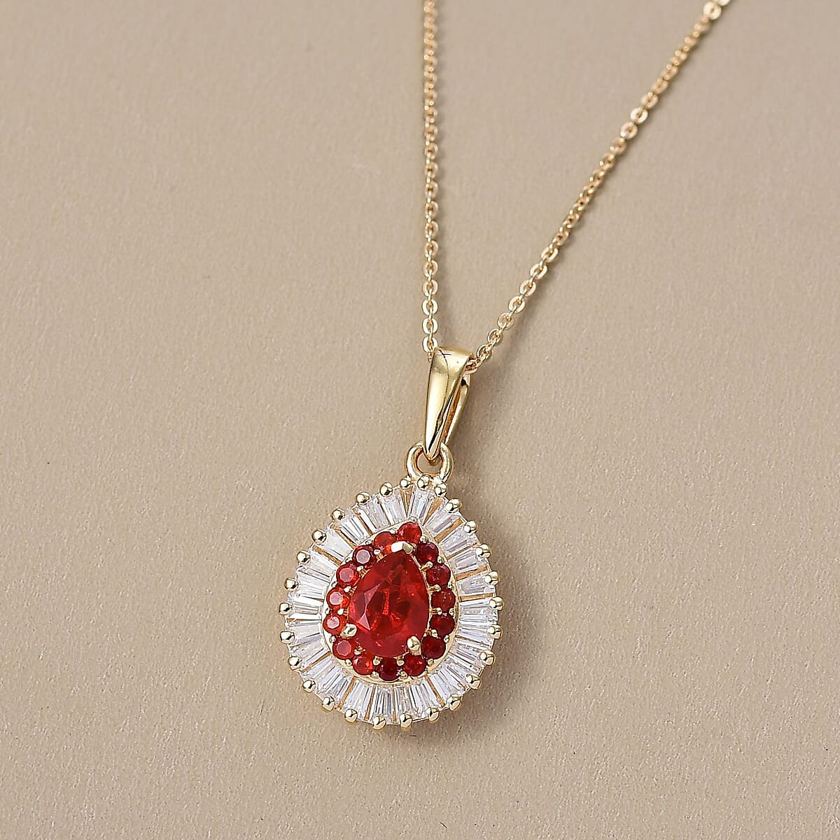 D'Joy Mexican Cherry Fire Opal and Moissanite 1.60 ctw Pendant Necklace in 18K Vermeil Yellow Gold Over Sterling Silver 20 Inches image number 1