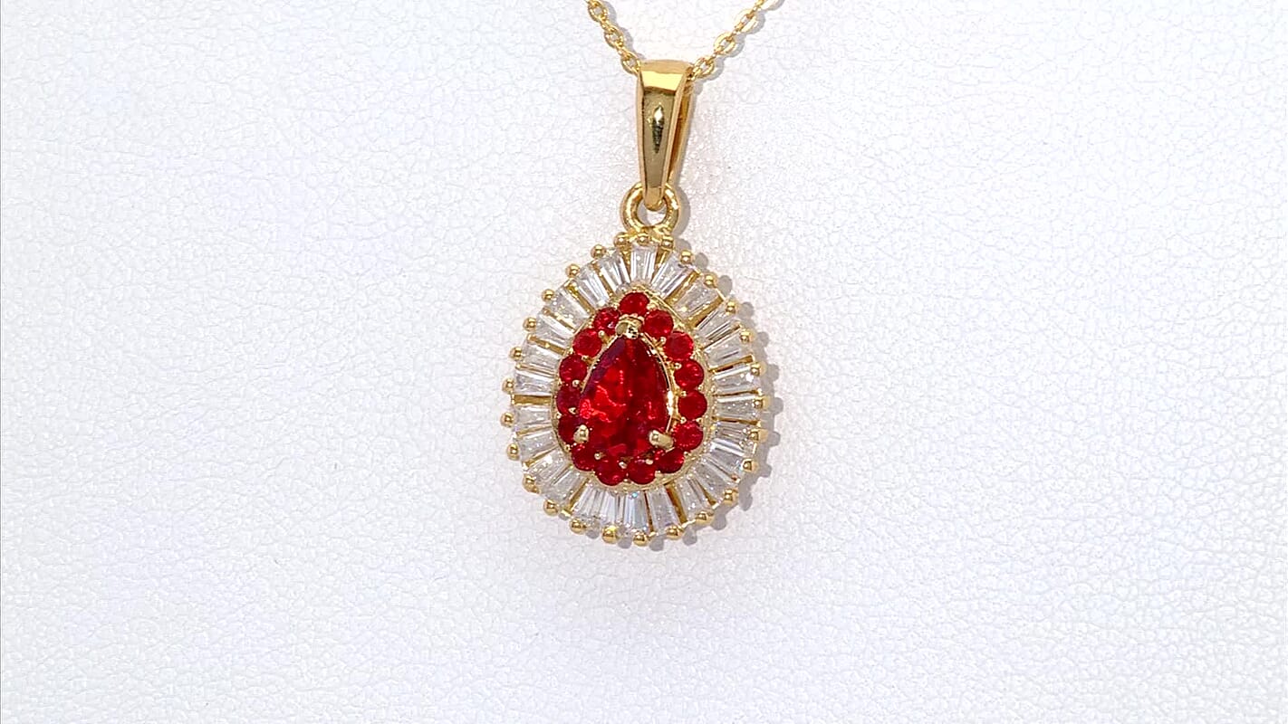 D'Joy Mexican Cherry Fire Opal and Moissanite 1.60 ctw Pendant Necklace in 18K Vermeil Yellow Gold Over Sterling Silver 20 Inches