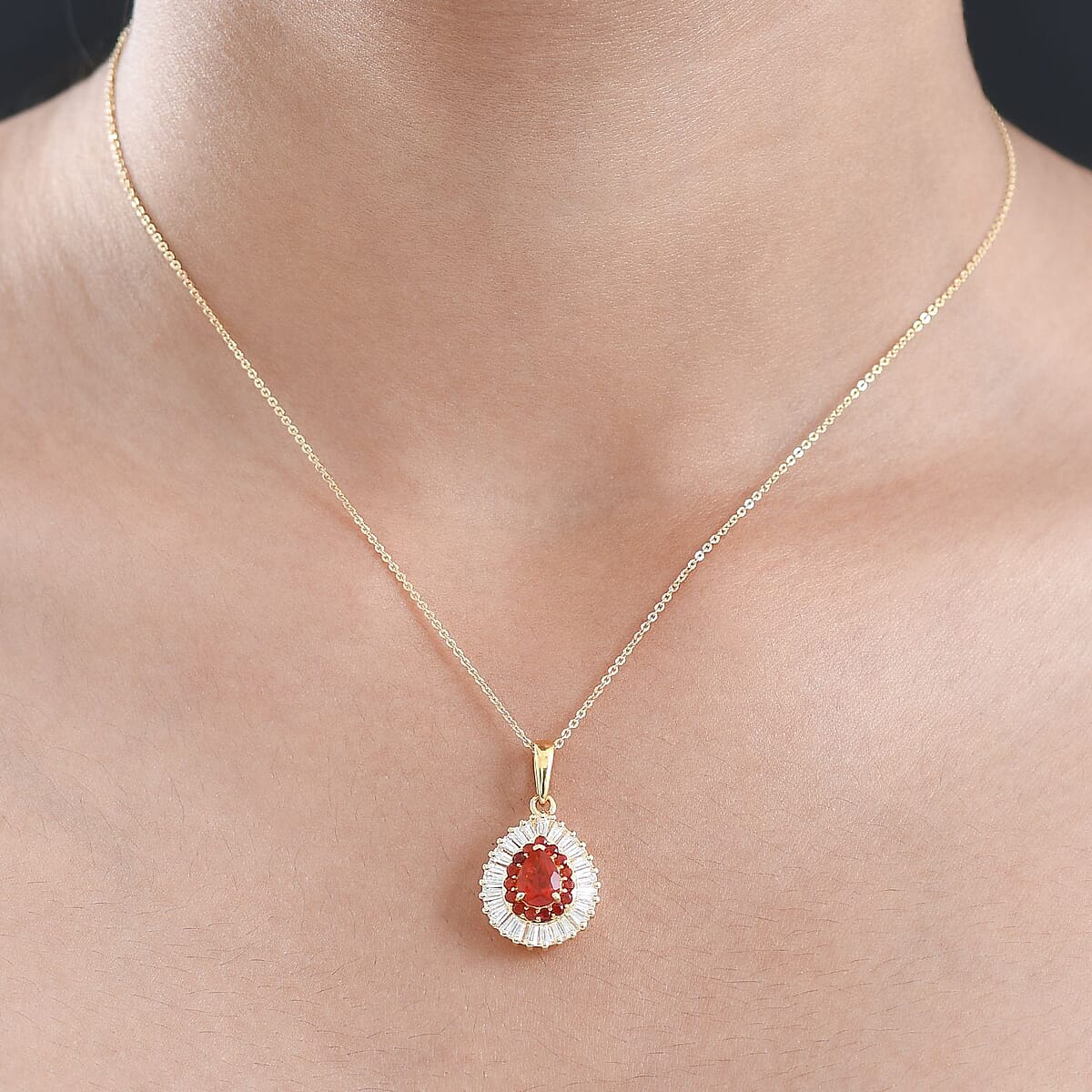D'Joy Mexican Cherry Fire Opal and Moissanite 1.60 ctw Pendant Necklace in 18K Vermeil Yellow Gold Over Sterling Silver 20 Inches image number 2
