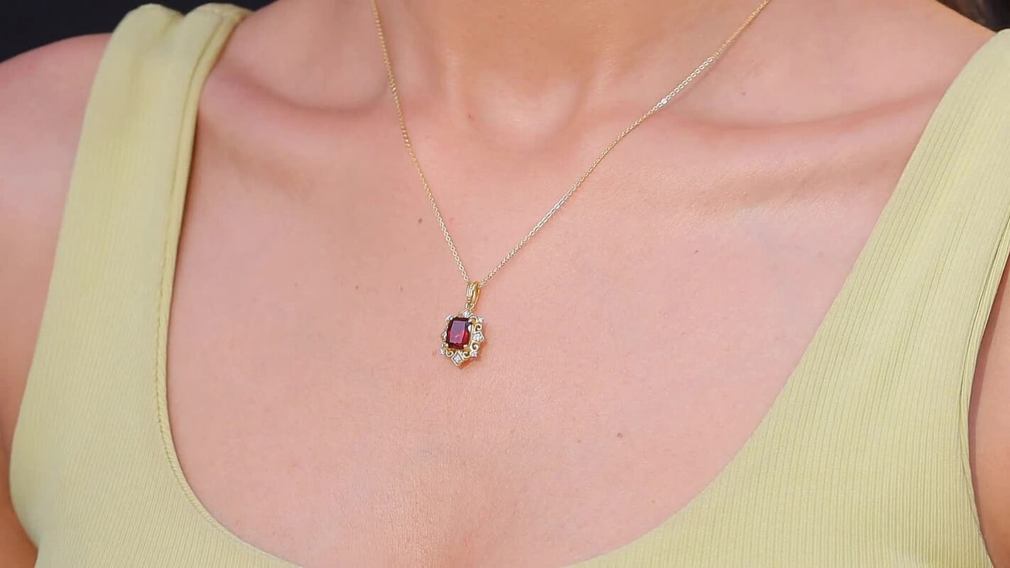 D'Joy Premium Red Citrine and Moissanite 1.50 ctw Crown of Flames Pendant Necklace in 18K Vermeil Yellow Gold Over Sterling Silver 20 Inches