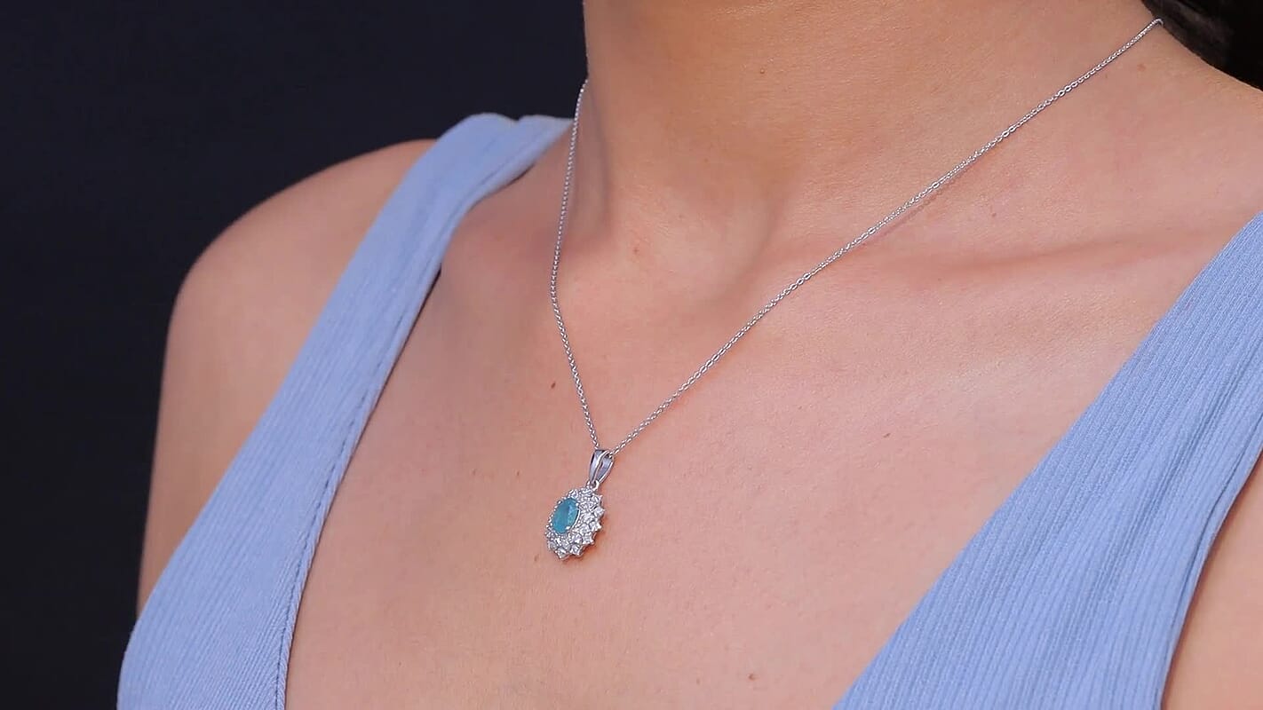 D'Joy Premium Grandidierite and Moissanite 1.40 ctw Art Deco Pendant Necklace in Rhodium Over Sterling Silver 20 Inches