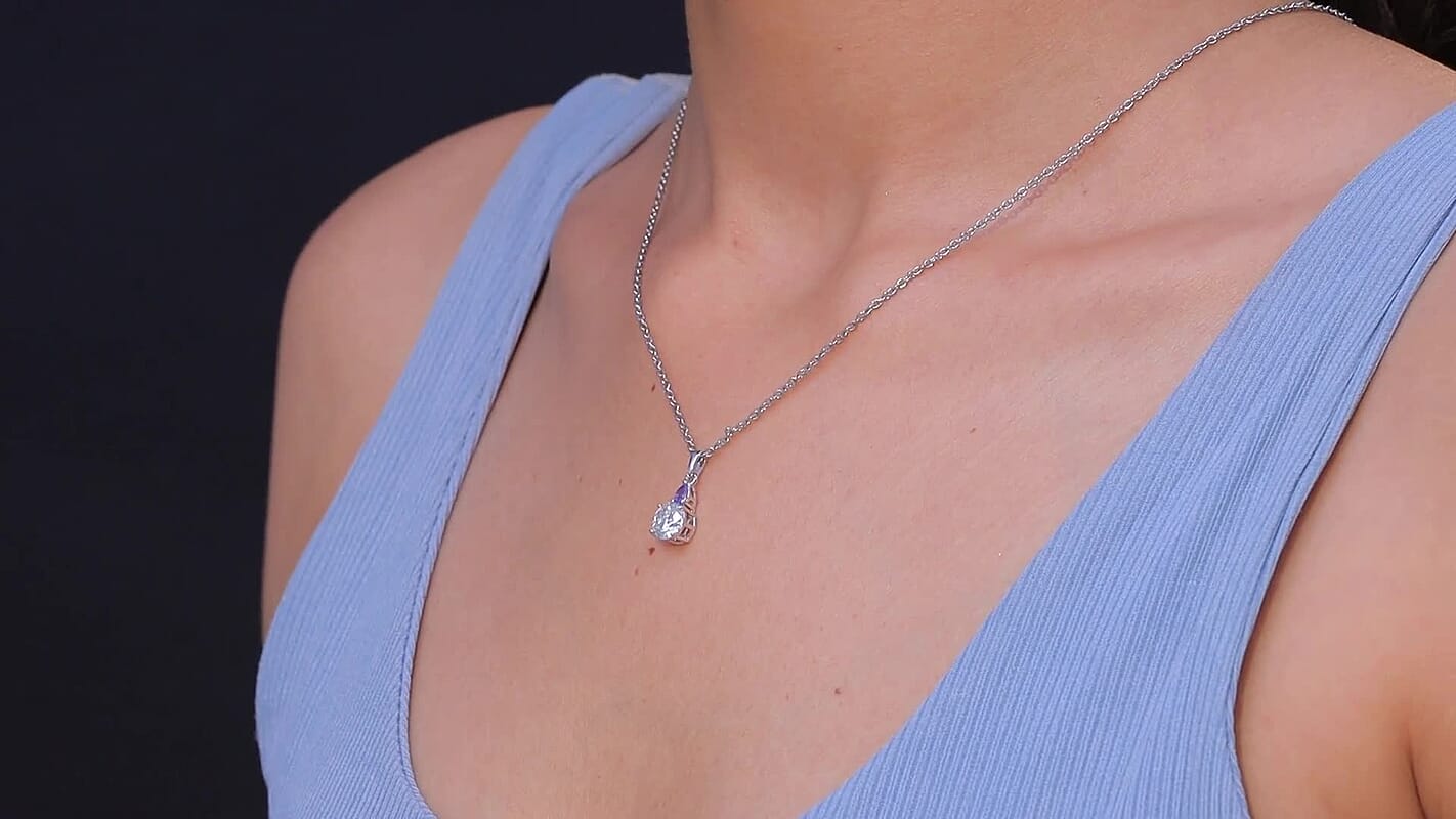 D'Joy Moissanite and Tanzanite 1.35 ctw Pendant Necklace in Rhodium Over Sterling Silver 20 Inches