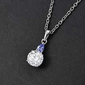 D'Joy Moissanite and Tanzanite 1.35 ctw Pendant Necklace in Rhodium Over Sterling Silver 20 Inches