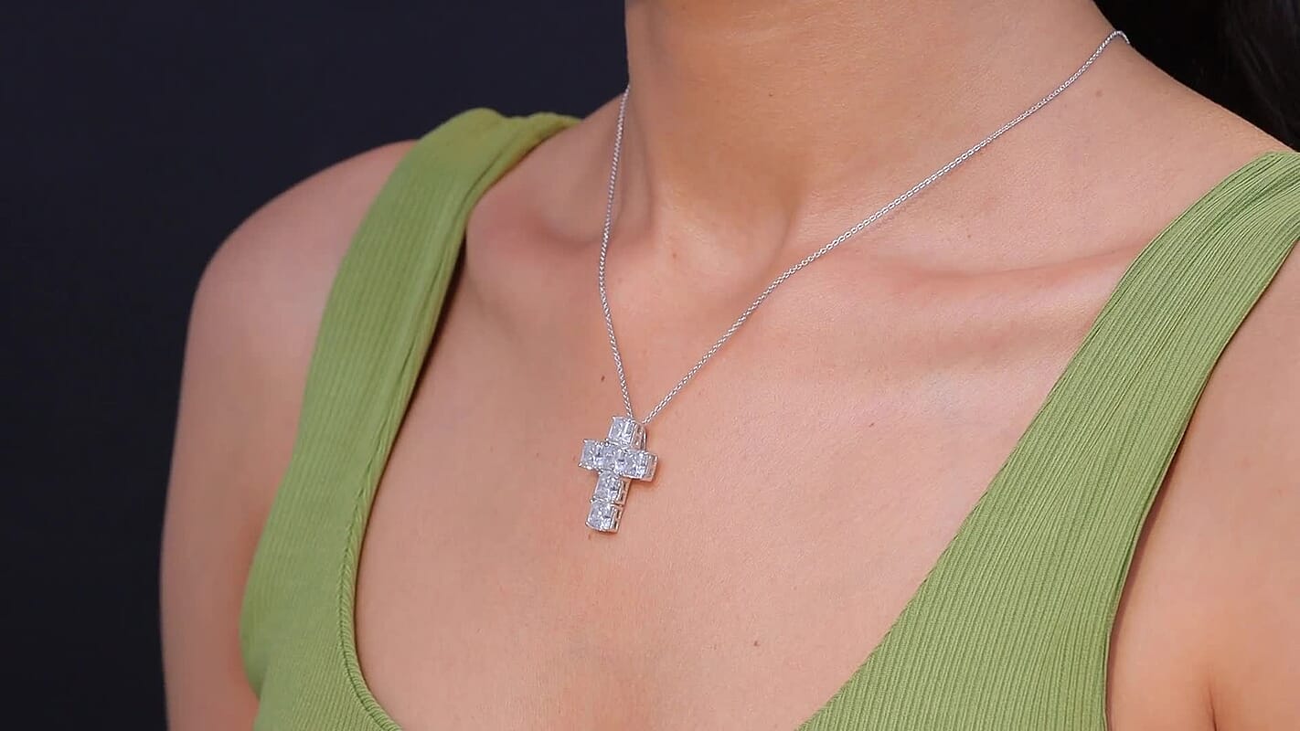 D'Joy Asscher Cut Moissanite 7.00 ctw Faithlight Pendant Necklace in Rhodium Over Sterling Silver 20 Inches