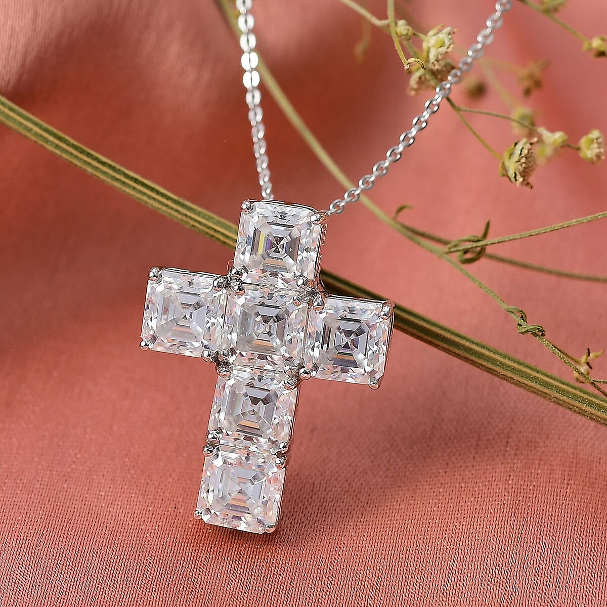 Doorbuster D'Joy Asscher Cut Moissanite 7.00 ctw Faithlight Pendant Necklace in Rhodium Over Sterling Silver 20 Inches image number 1