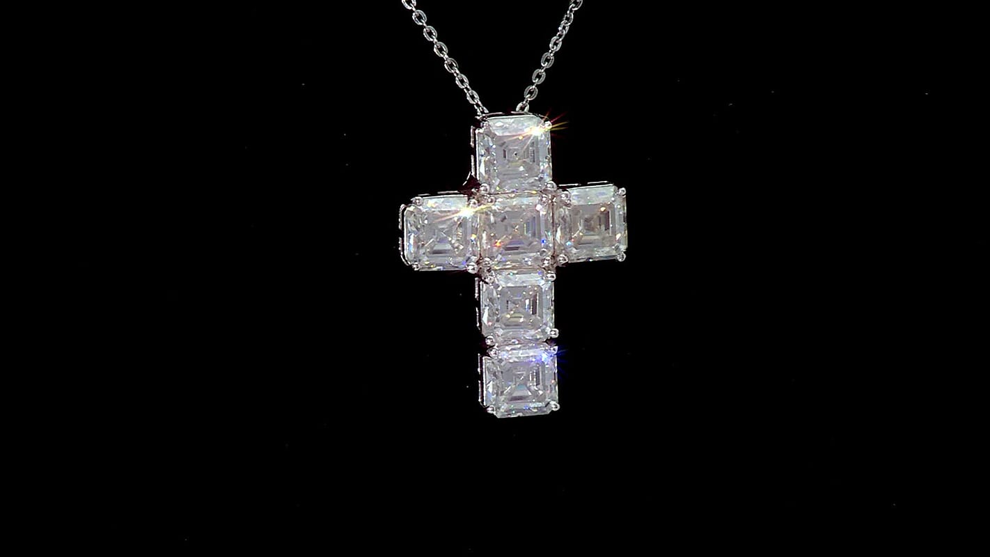 D'Joy Asscher Cut Moissanite 7.00 ctw Faithlight Pendant Necklace in Rhodium Over Sterling Silver 20 Inches