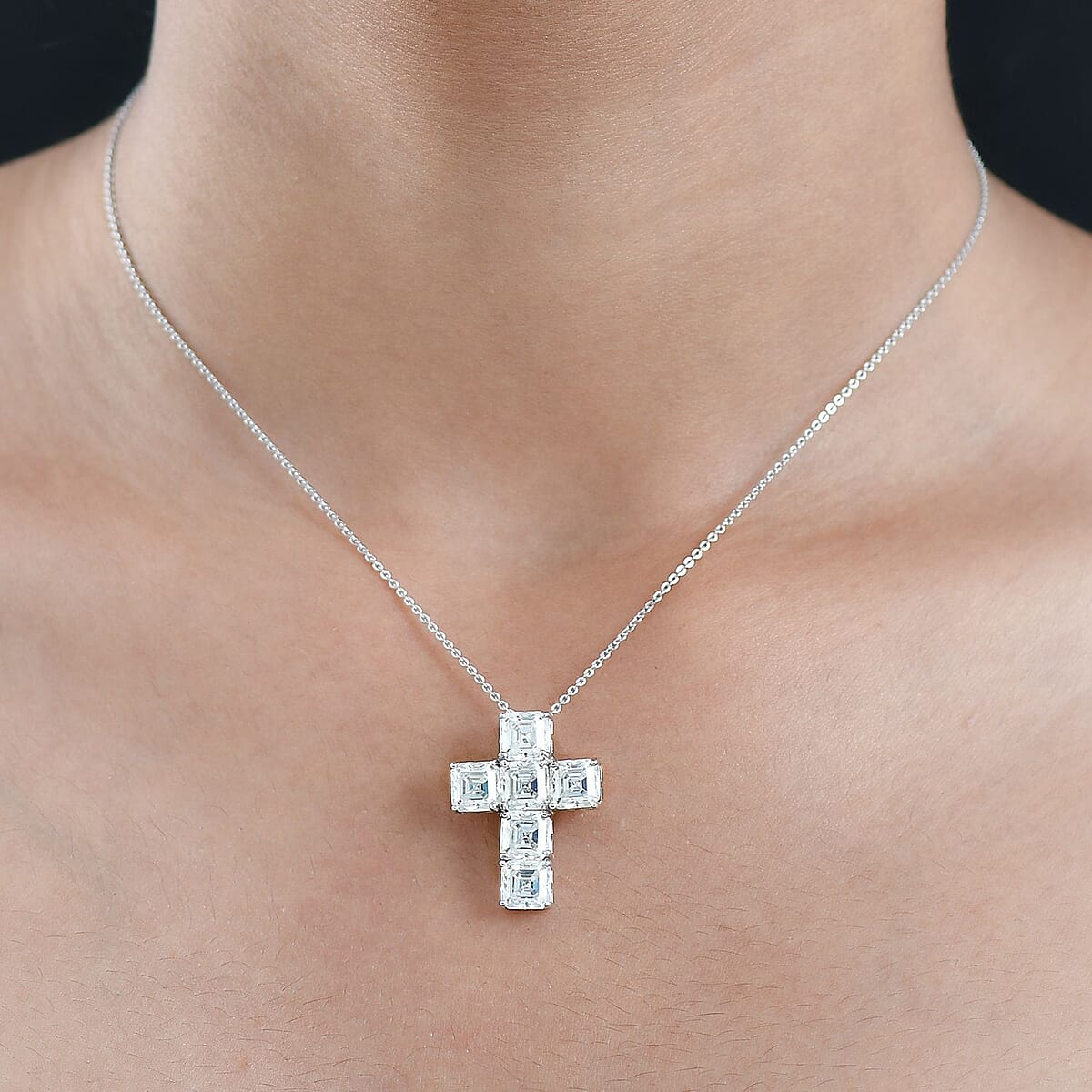 Doorbuster D'Joy Asscher Cut Moissanite 7.00 ctw Faithlight Pendant Necklace in Rhodium Over Sterling Silver 20 Inches image number 2